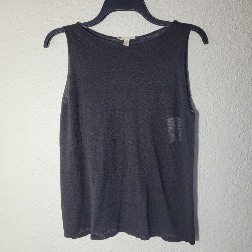 Eileen Fisher Tank Top Women S Black Organic Linen Sleeveless Lightweight Sheer